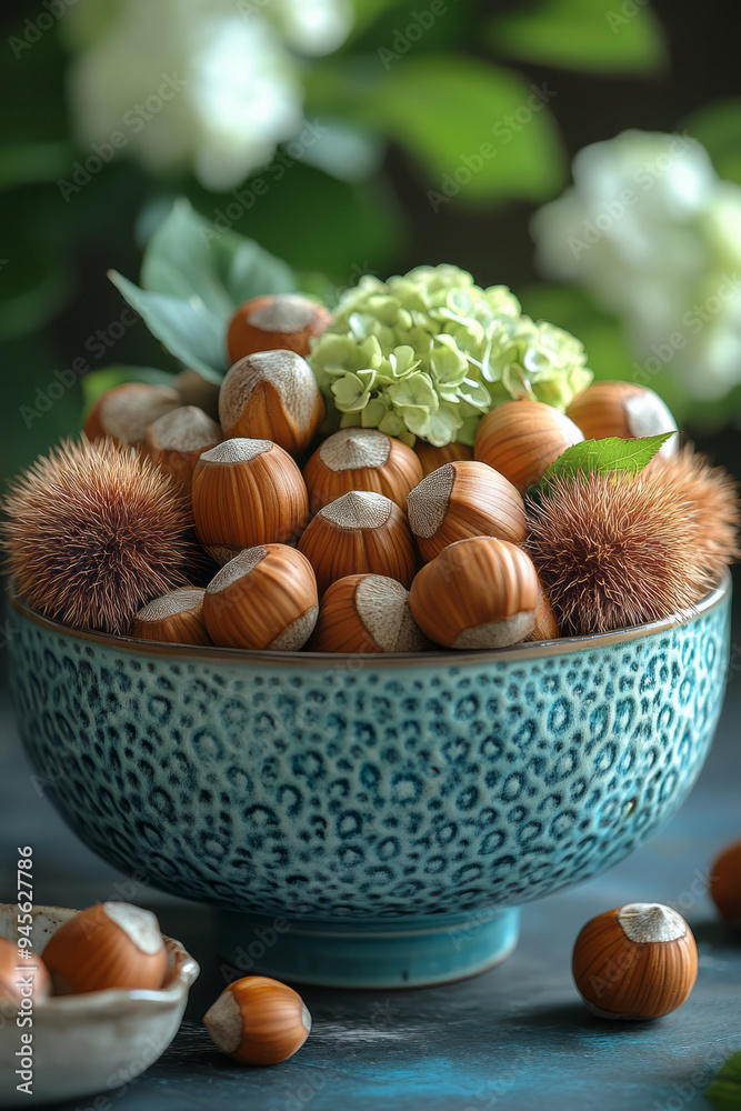 Green-husked nuts and spiky chestnuts, artistically styled to resemble hedgehogs, Green-husked nuts and spiky chestnuts, artistically styled to resemble hedgehogs,