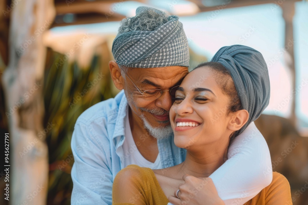 Cancer Patient Sitting Outside with Her Father A young woman battling Cancer is embraced by her Father as they sit outside enjoying the sunshine. The young woman is dressed casually and has a head sca Cancer Patient Sitting Outside with Her Father A young woman battling Cancer is embraced by her Father as they sit outside enjoying the sunshine. The young woman is dressed casually and has a head sca