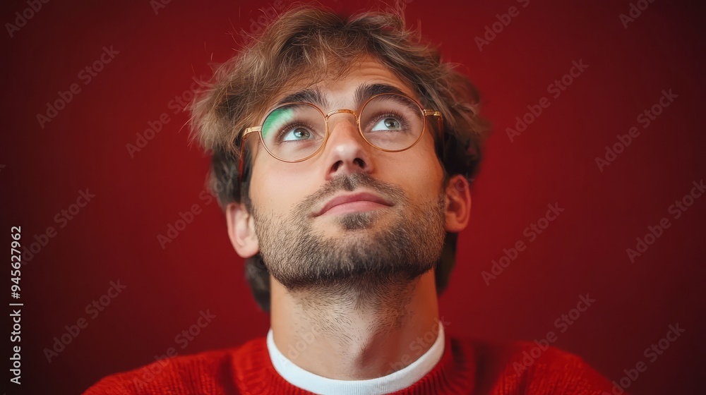 Portrait of minded creative man look interested on empty space Portrait of minded creative man look interested on empty space
