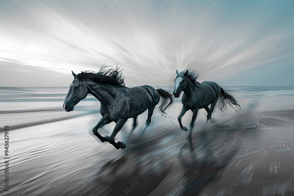 Obraz premium Majestic Horses Galloping by the Seashore