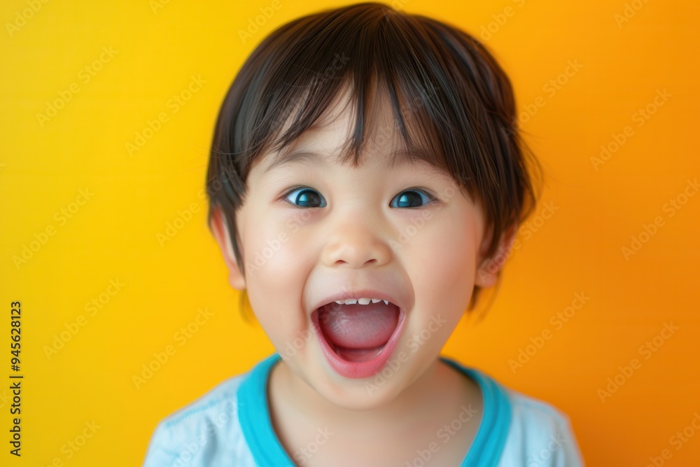 A young child with dark hair beams joyfully, showcasing excitement and happiness in a colorful setting at home. Generative AI A young child with dark hair beams joyfully, showcasing excitement and happiness in a colorful setting at home. Generative AI