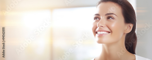 A young woman smiles warmly while looking upward in a bright, airy room during the day, showcasing a sense of happiness and optimism