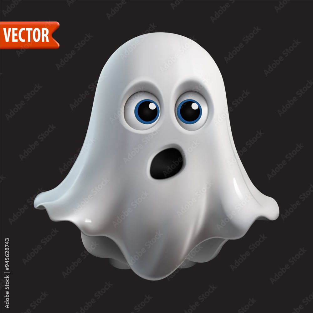 Realistic Halloween 3d ghost character with a surprised expression and blue eyes against dark background. Spirit monsters silhouette. Perfect for Halloween graphics, posters. Vector illustrations Realistic Halloween 3d ghost character with a surprised expression and blue eyes against dark background. Spirit monsters silhouette. Perfect for Halloween graphics, posters. Vector illustrations