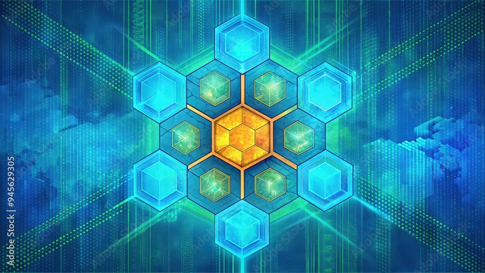 Obraz premium Abstract Hexagonal Structure with Glowing Cubes and Digital Background