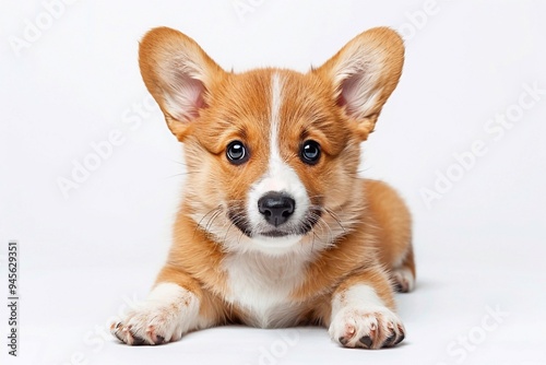 A playful brown Pembroke Welsh Corgi puppy sitting attentively, its big ears perked up and its eyes sparkling with curiosity as it looks directly at the camera. The pup’s fluffy coat catches the light