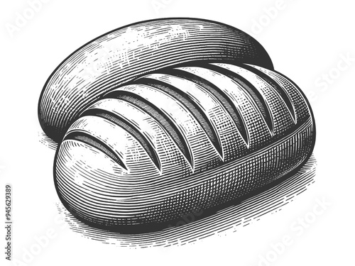 freshly baked bread loaves, showcasing traditional artisan bread with texture and depth sketch engraving generative ai vector illustration. Scratch board imitation. Black and white image.