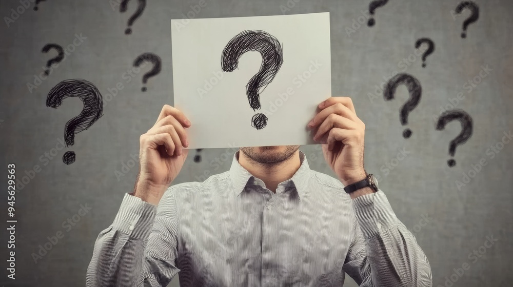 Businessman holding a paper with drawed question marks Businessman holding a paper with drawed question marks