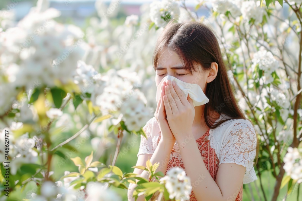 Blowing nose in blossoming garden Allergy season, young woman blowing her nose and sneezing in blossoming garden. Blowing nose in blossoming garden Allergy season, young woman blowing her nose and sneezing in blossoming garden.