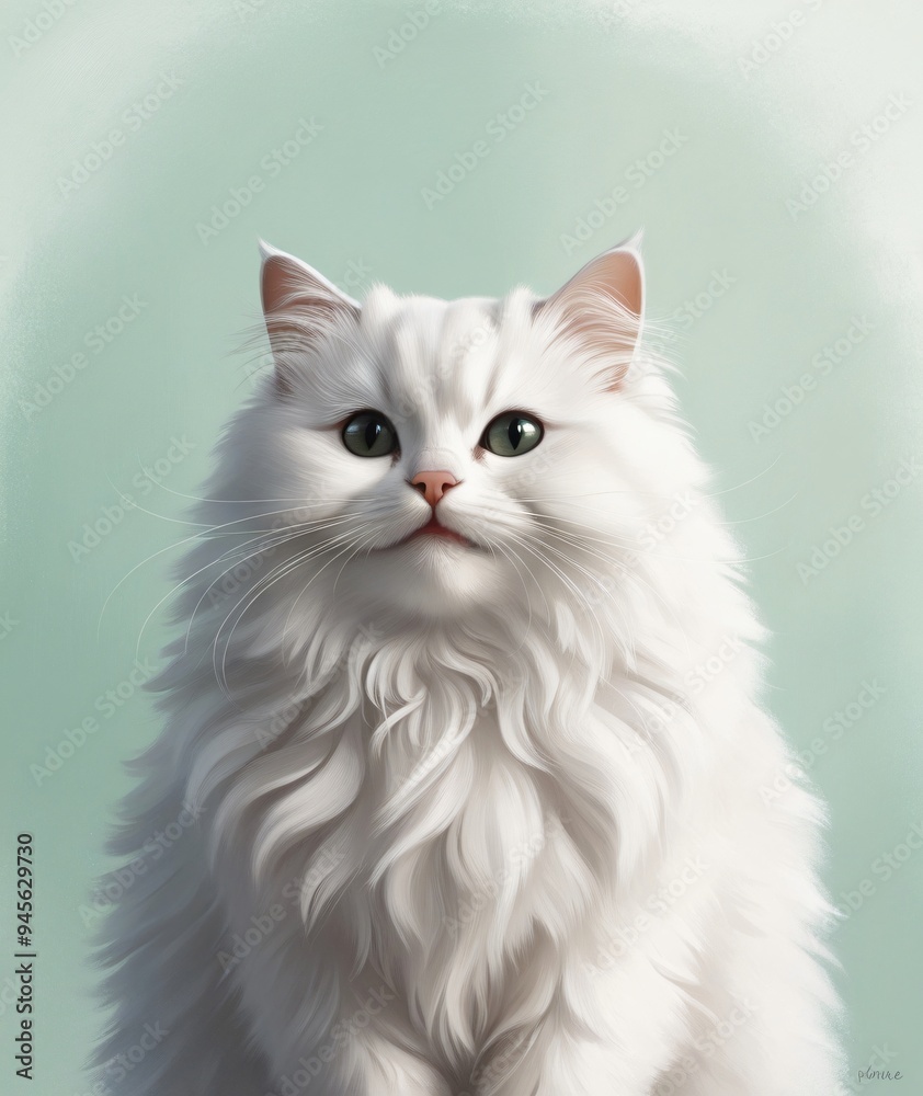 A minimalist portrait of a fluffy white paint against a pastel mint green background. The cat's soft fur and gentle expression stand out against the calming, pastel backdrop, Generative AI A minimalist portrait of a fluffy white paint against a pastel mint green background. The cat's soft fur and gentle expression stand out against the calming, pastel backdrop, Generative AI
