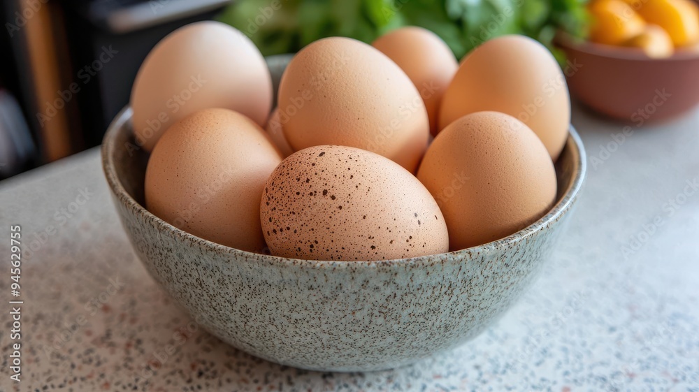 A close-up of fresh eggs in a rustic bowl, showcasing their natural colors and textures, perfect for culinary or farm-themed projects. A close-up of fresh eggs in a rustic bowl, showcasing their natural colors and textures, perfect for culinary or farm-themed projects.