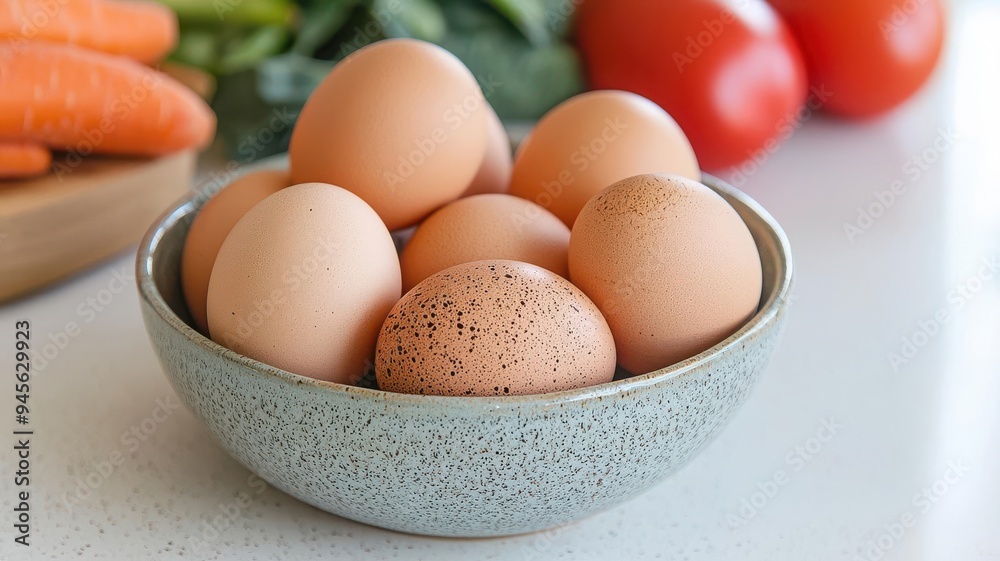 A bowl filled with fresh brown eggs, surrounded by colorful vegetables. Perfect for cooking or farm-themed projects. A bowl filled with fresh brown eggs, surrounded by colorful vegetables. Perfect for cooking or farm-themed projects.