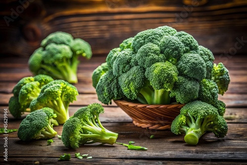 Moody natural light highlighting vibrant green broccoli florets amidst crunchy raw vegetable textures on a rustic wooden background evoking freshness and wholesome wellness.