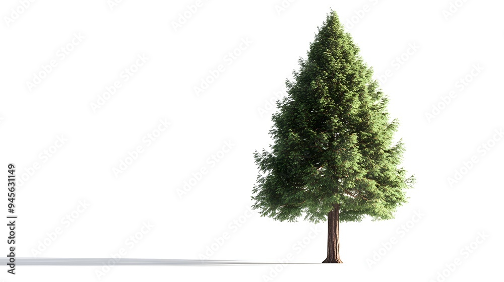 Obraz premium Redwood tree on a white background. A solitary evergreen tree stands against a minimalist white background, repres