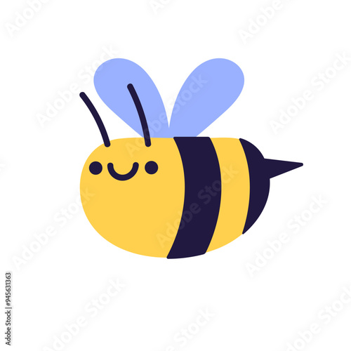 Funny honey bee flies. Cute honeybee with smile face, happy facial expression. Stylized friendly bumblebee. Adorable flying striped insect. Flat isolated vector illustration on white background
