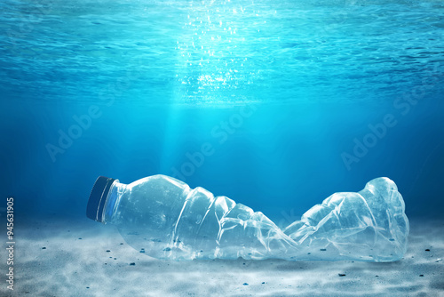 Plastic bottle underwater with sunlight, Pollution concept.