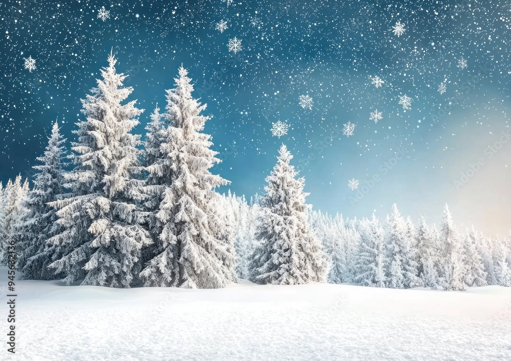 Obraz premium Snowy pine trees in a winter landscape with falling snowflakes and a blue sky Generative AI