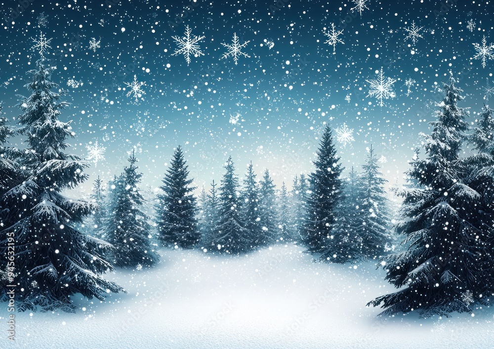 Snowy pine trees in a winter landscape with falling snowflakes and a blue sky Generative AI Snowy pine trees in a winter landscape with falling snowflakes and a blue sky Generative AI