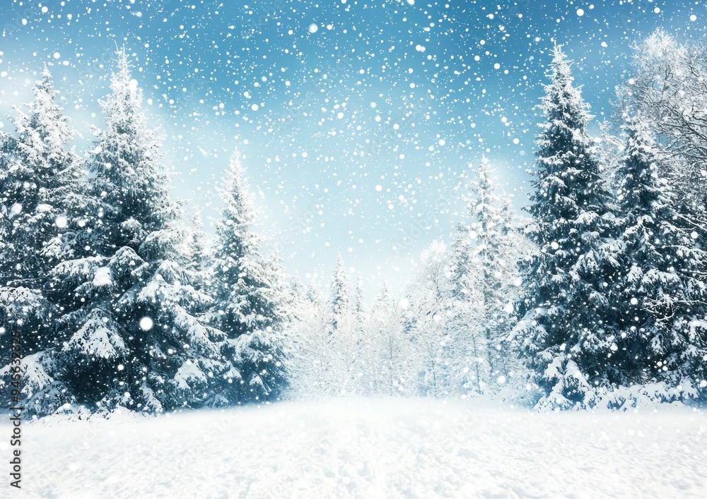 Snowy pine trees in a winter landscape with falling snowflakes and a blue sky Generative AI Snowy pine trees in a winter landscape with falling snowflakes and a blue sky Generative AI
