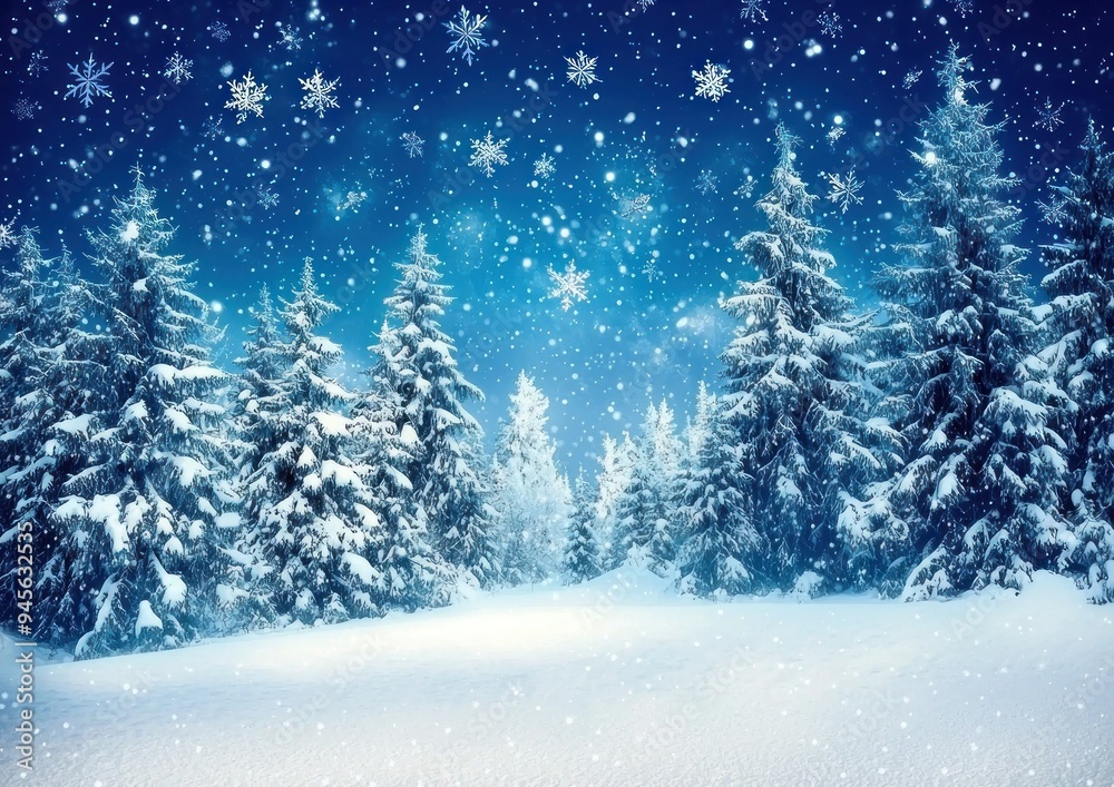 Snowy pine trees in a winter landscape with falling snowflakes and a blue sky Generative AI Snowy pine trees in a winter landscape with falling snowflakes and a blue sky Generative AI