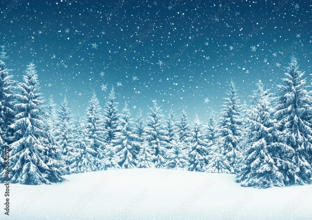 Snowy pine trees in a winter landscape with falling snowflakes and a blue sky Generative AI Snowy pine trees in a winter landscape with falling snowflakes and a blue sky Generative AI