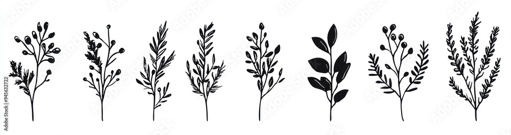 Black silhouette illustrations of various botanical stems and branches with leaves and berries on a white background Generative AI Black silhouette illustrations of various botanical stems and branches with leaves and berries on a white background Generative AI