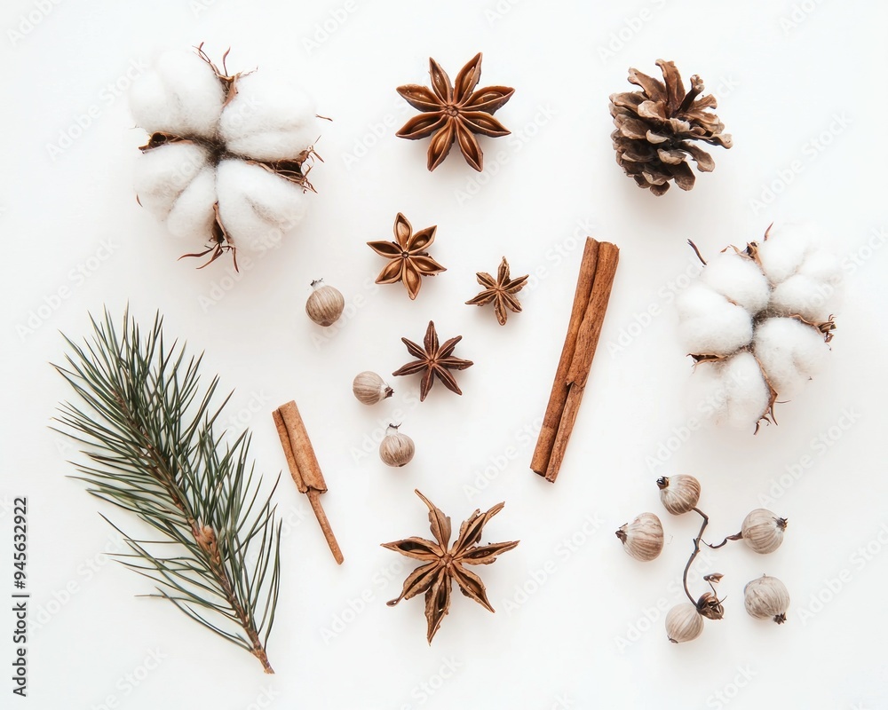 Fototapeta premium Flat Lay of Natural Elements: Cotton, Star Anise, and Pine Branch Generative AI