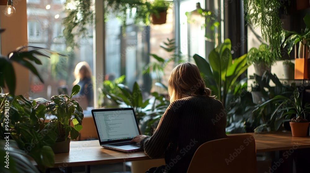 Remote working. A person using a laptop while sitting in a modern coworking space, with large windows Remote working. A person using a laptop while sitting in a modern coworking space, with large windows