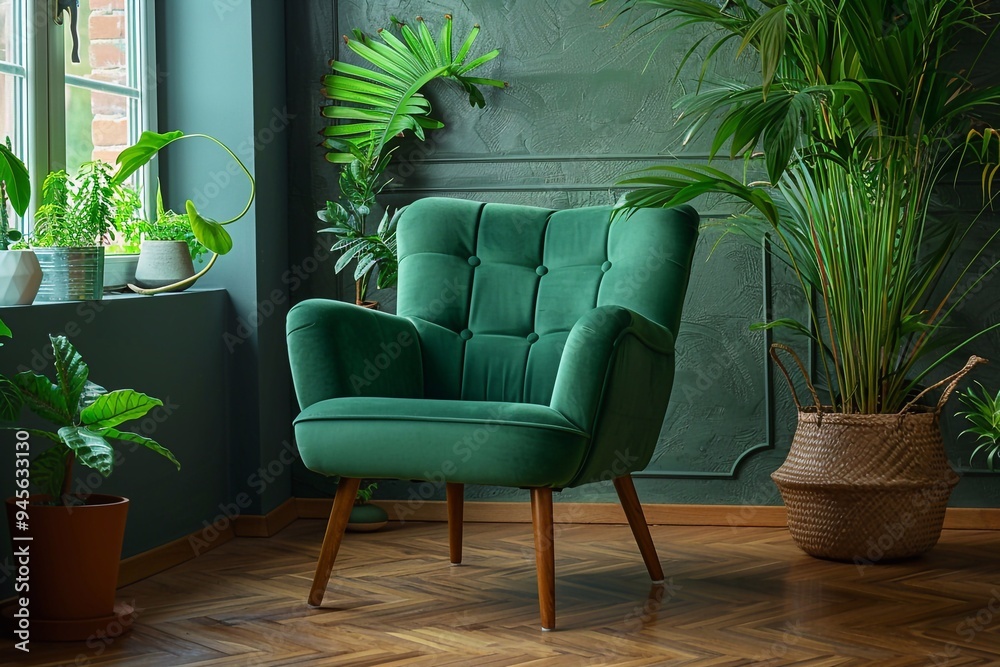 Obraz premium Stylish green armchair nestled between plants in a cozy living room.