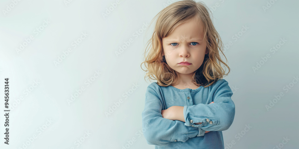 Sulking Little Girl with Arms Crossed in Blue Shirt Against Light Background Sulking Little Girl with Arms Crossed in Blue Shirt Against Light Background