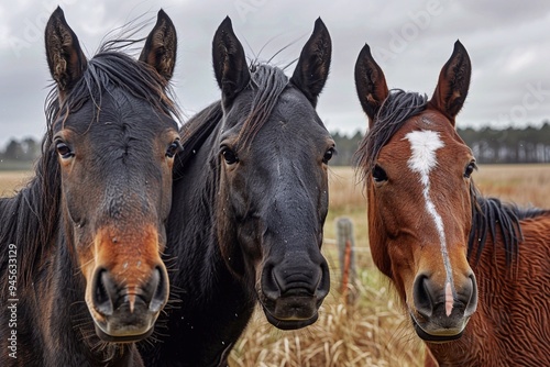 A group of three young horses playing in a green pasture.