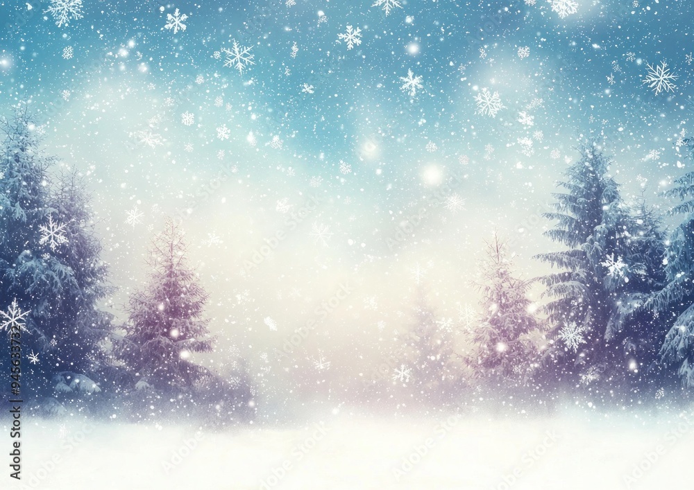 Snowy landscape with evergreen trees and snowflakes falling at sunrise Generative AI Snowy landscape with evergreen trees and snowflakes falling at sunrise Generative AI