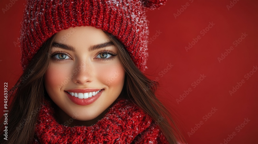 portrait of a woman in red knitted hat portrait of a woman in red knitted hat