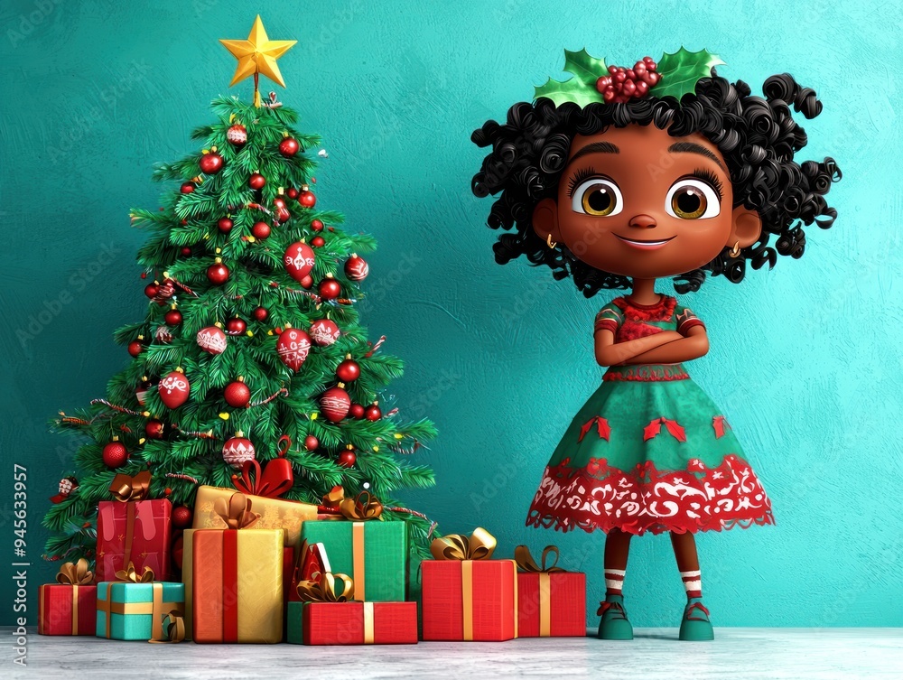 Smiling girl in a festive dress standing beside a decorated Christmas tree with gifts Generative AI Smiling girl in a festive dress standing beside a decorated Christmas tree with gifts Generative AI