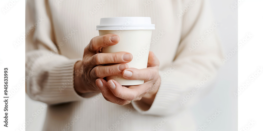 Hands Holding a White Disposable Coffee Cup in Neutral Background Hands Holding a White Disposable Coffee Cup in Neutral Background