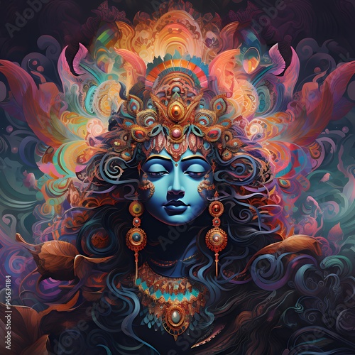 A vibrant, artistic depiction of a deity with intricate patterns and colors.