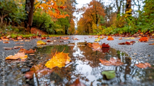 Vibrant autumn leaves on wet pavement after rain, seasonal beauty background scene