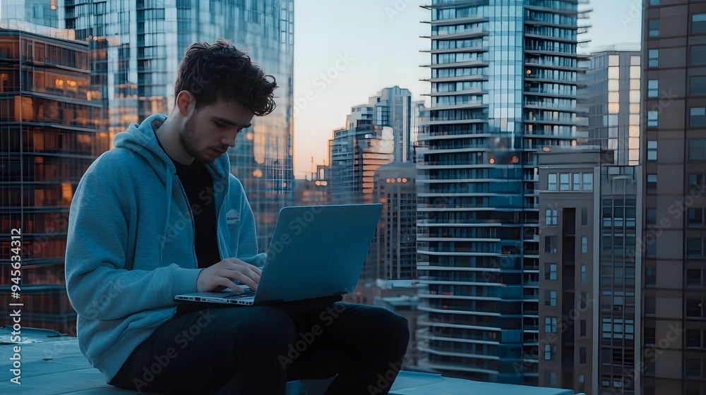 remote working. photo of a young professional w. Remote working. a young professional working remotely from a coffee shop, with a busy urban street ou remote working. photo of a young professional w. Remote working. a young professional working remotely from a coffee shop, with a busy urban street ou
