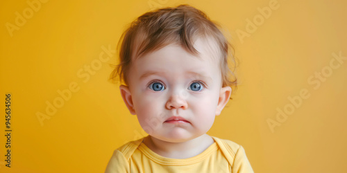 Adorable Baby with Blue Eyes Against Yellow Background in Studio Portrait