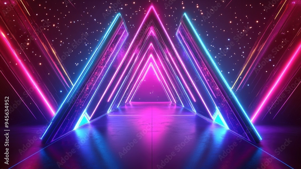 Abstract vibrant backdrop featuring neon geometric lines stars and a portal to an alternate dimension Abstract vibrant backdrop featuring neon geometric lines stars and a portal to an alternate dimension