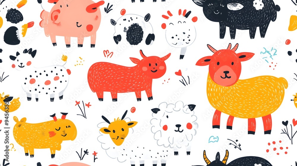 Naklejka premium seamless design with cute colorful farm animals. Seamless design with cute, colorful farm animals like sheep, pigs, and cows in a bright barnyard scen