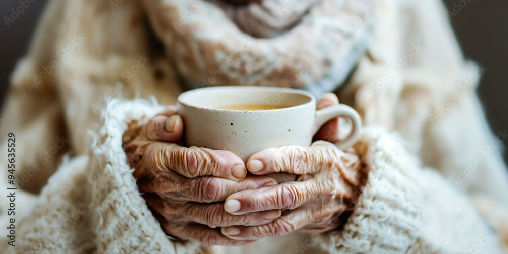 Elderly Woman Holding Warm Cup of Coffee, Cozy Sweater, Close-Up of Hands, Comfort, Tranquility, Autumn Vibes Elderly Woman Holding Warm Cup of Coffee, Cozy Sweater, Close-Up of Hands, Comfort, Tranquility, Autumn Vibes