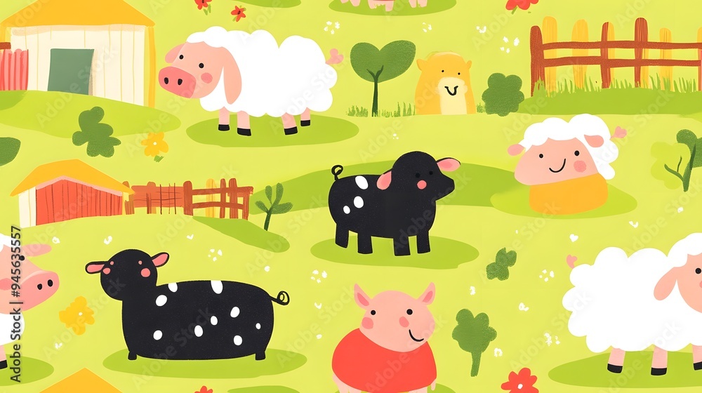 seamless design with cute colorful farm animals. Seamless design with cute, colorful farm animals like sheep, pigs, and cows in a bright barnyard scen seamless design with cute colorful farm animals. Seamless design with cute, colorful farm animals like sheep, pigs, and cows in a bright barnyard scen