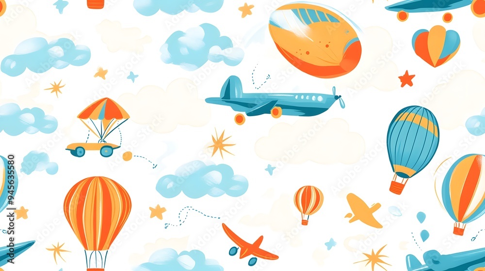 seamless design with whimsical hot air balloons. Seamless design with whimsical hot air balloons, airplanes, and kites soaring through a bright sky. A seamless design with whimsical hot air balloons. Seamless design with whimsical hot air balloons, airplanes, and kites soaring through a bright sky. A