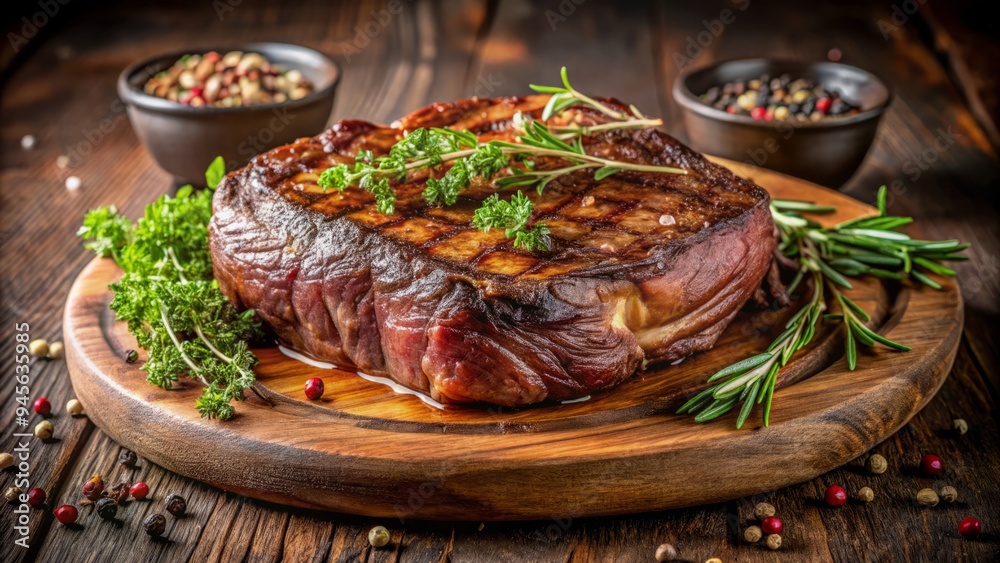 Savory fusion of tender prime and rich ribeye, garnished with fresh thyme, on a dark wood platter, moody and warm lighting, earthy tones, decadent indulgence concept.