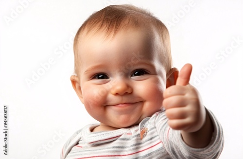 Young child smiling and giving a thumbs-up gesture, against a bright background, expressing happiness and joy