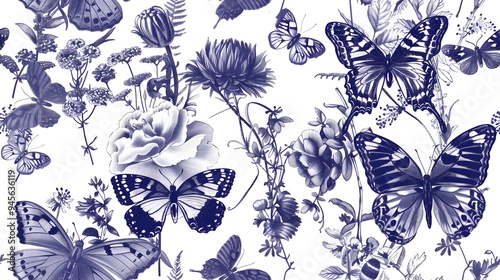 seamless tiled botanical toile print. A beautifully detailed floral design featuring an array of butterflies and flowers in a monochromatic blue palet