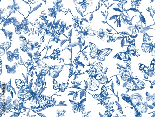 Seamless tiled botanical toile print. A beautiful vintage-inspired blue and white floral pattern featuring various butterflies and flowers