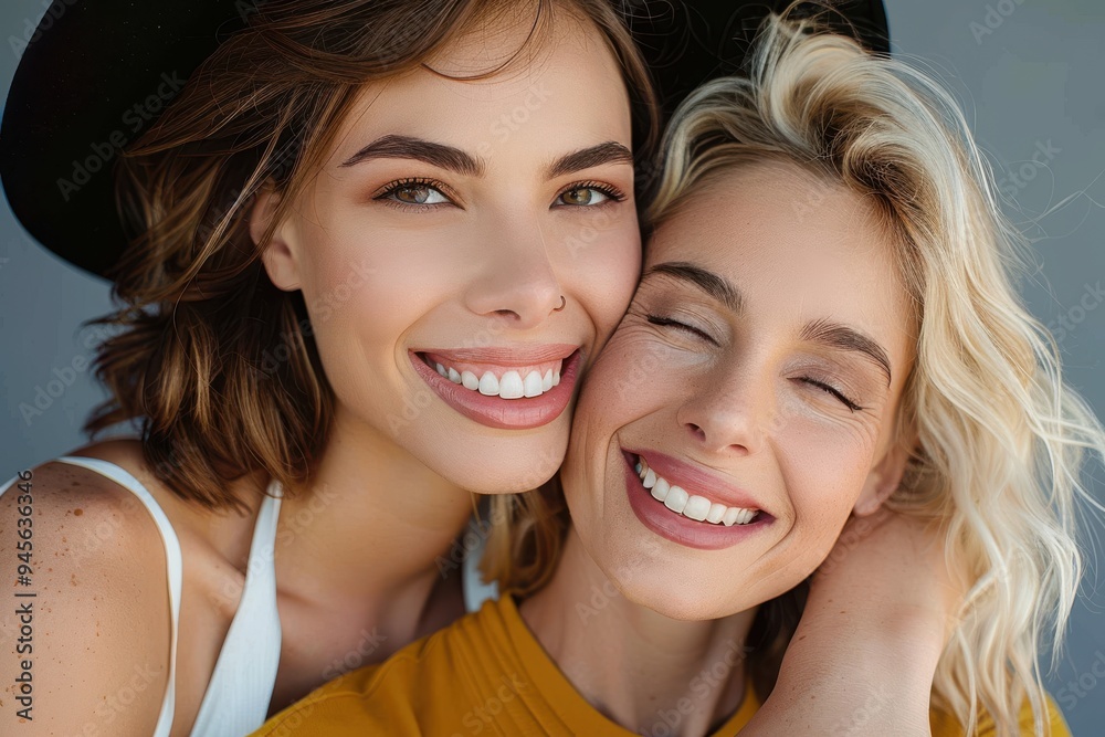 Close up portrait of smiling mother and daughter hugging Close up portrait of smiling mother and daughter hugging