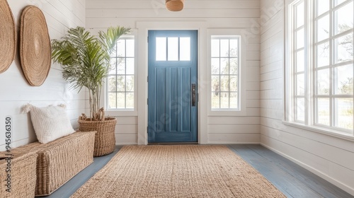 Bright and Airy Modern Farmhouse Entryway with Blue Door and Natural Decor Elements