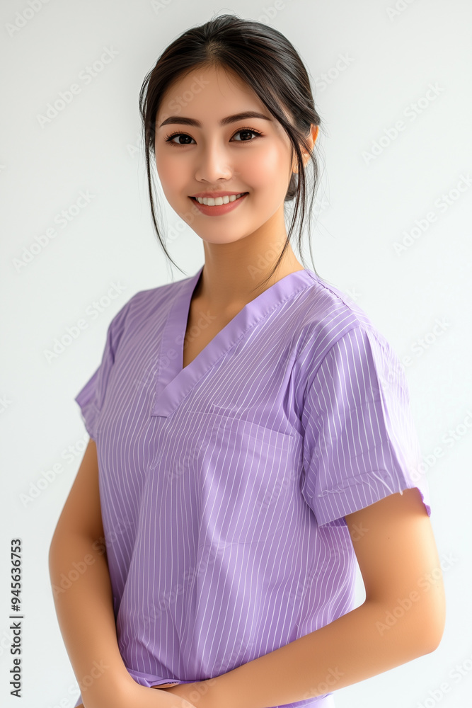 Smile Asian beauty woman in Soft purple Patient Gowns Washable Stripes Hospital Patient on white background Smile Asian beauty woman in Soft purple Patient Gowns Washable Stripes Hospital Patient on white background